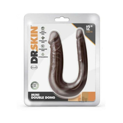 Dr. Skin Mini Double Dong in dark brown, U-shaped with two different-sized ends, packaged in clear plastic.
