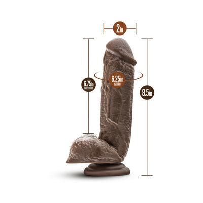 Chocolate-colored realistic dildo with suction base, detailed texture, measuring 8.5 inches long and 2 inches wide.