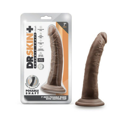 Dr. Skin Plus 7-inch posable dildo in chocolate color with suction cup base and packaging shown side by side.