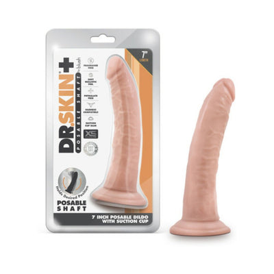 Vanilla-colored 7-inch Dr. Skin Plus posable dildo with suction cup base shown in packaging and standalone.