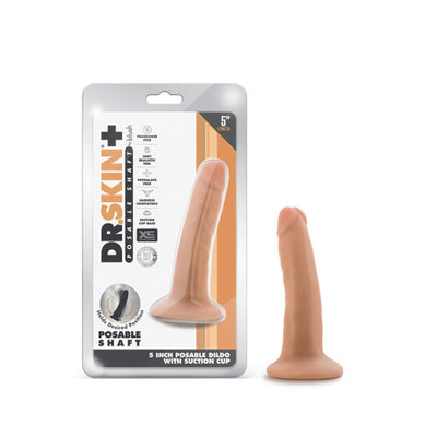 Dr. Skin Plus 5-inch vanilla posable dildo with suction cup base displayed next to its packaging.