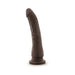 Chocolate-colored posable dildo with realistic texture and suction cup base standing upright on white background.