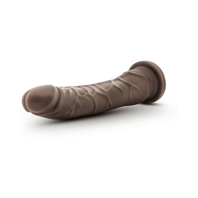 Chocolate-colored realistic posable dildo with textured veins and suction cup base on white background.