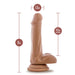 6-inch realistic posable dildo with balls and suction cup base in natural skin tone, showing detailed measurements.