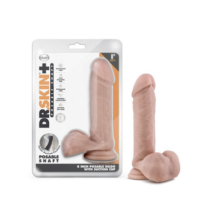 Dr. Skin Plus 8-inch posable dildo with suction cup base and realistic texture in natural skin tone next to its packaging.