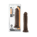 Dr. Skin Plus 9-inch posable thick dildo in chocolate with suction cup base shown in and out of packaging.