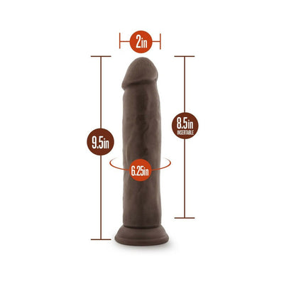 Chocolate-colored posable dildo with suction base, showing dimensions of 9.5 inches length and 2 inches width.