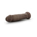 Posable 9-inch chocolate-colored dildo with realistic texture and suction cup base on white background.