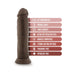 Chocolate-colored posable dildo with suction cup base and key features listed including triple density and harness compatibility.