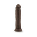 Posable 9-inch chocolate-colored dildo with realistic texture and suction cup base standing upright on white background.
