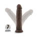 Posable 9-inch thick chocolate dildo with suction cup base shown in upright and angled positions for customizable use.
