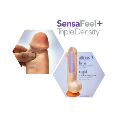 Close-up of a posable vanilla-colored dildo demonstrating its ultrasoft exterior, firm bendable core, and rigid suction cup base.