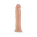 Vanilla-colored posable dildo with realistic texture and suction cup base standing upright on white background.