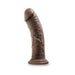 Chocolate-colored 8-inch posable dildo with realistic texture and strong suction cup base standing upright on white background.