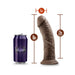 Chocolate-colored posable dildo with suction base, 8 inches long, shown next to a purple can for size comparison.