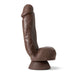 Realistic dark brown posable dildo with suction cup base standing upright on white background.