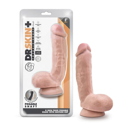 Dr. Skin Plus 8-inch posable dildo with suction cup base in realistic skin tone, shown in packaging and standalone.