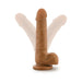 Chocolate-colored realistic dildo with suction cup base shown in upright and angled positions on white background.