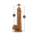 Chocolate-colored realistic dildo with suction cup base, showing measurements for length, girth, and insertable size.