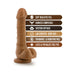 Chocolate-colored realistic dildo with suction cup base and key features listed beside it on a white background.