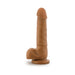 Chocolate-colored realistic dildo with suction cup base standing upright on white background.