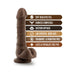 Chocolate-colored realistic dildo with suction cup base and body-safe, phthalate-free material features listed alongside.