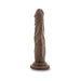 Chocolate-colored realistic dildo with textured veins and suction cup base standing upright on white background.