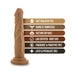 Chocolate-colored realistic dildo with suction cup base and product feature icons on white background.