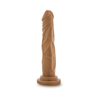 Chocolate-colored realistic dildo with textured veins and suction cup base standing upright on white background.