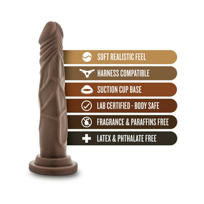 Chocolate-colored realistic dildo with suction cup base and product feature icons on a white background.
