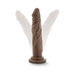Chocolate-colored realistic dildo with suction cup base shown in upright and angled positions on white background.