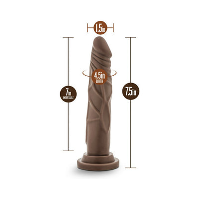 Chocolate-colored realistic dildo with suction cup base, 7.5 inches length, 1.5 inches diameter, and 4.5 inches girth measurements.