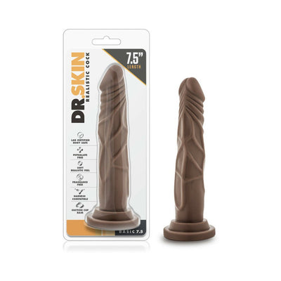 Chocolate-colored realistic dildo with suction cup base shown in packaging and standalone on white background.