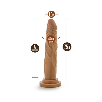 Chocolate-colored realistic dildo with suction cup base, 7.5 inches long and 1.5 inches wide, detailed texture and 4.5-inch girth.
