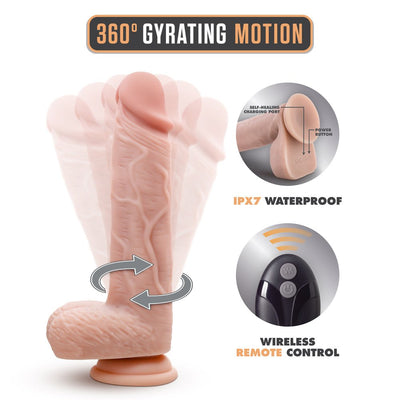 Beige silicone dildo with 360-degree gyrating motion, suction base, wireless remote, and waterproof design features.