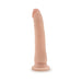Vanilla-colored realistic silicone dildo with suction cup base standing upright on white background.