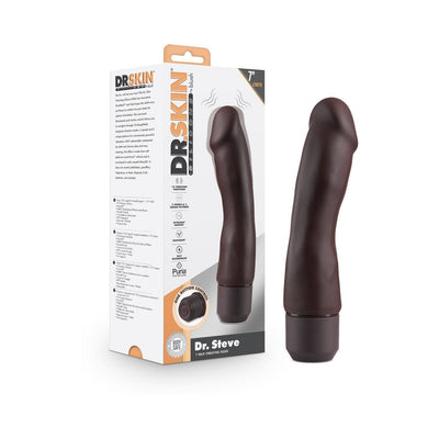 Brown 7-inch Dr. Steve vibrating silicone dildo with flexible shaft and one-button control, shown with packaging.