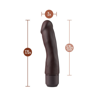 Brown silicone vibrating dildo with measurements showing 7.75 inches length and 2 inches width.