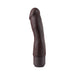 Brown silicone vibrating dildo with a smooth, curved design and a rounded tip, standing upright on a white background.