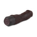Brown silicone vibrating dildo with textured shaft and black control button base on white background.