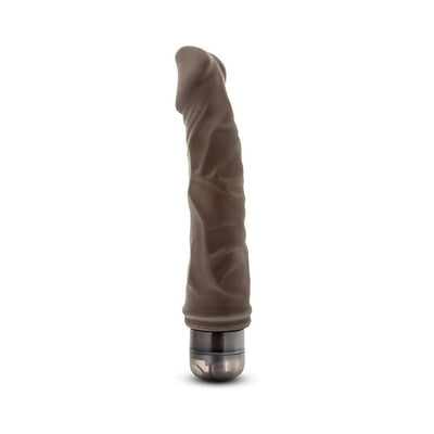 Chocolate-colored realistic textured vibrator with a twist dial base on a white background.
