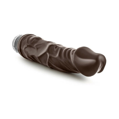 Chocolate-colored realistic textured vibrating dildo with twist dial control on a white background.
