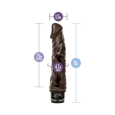 Chocolate-colored realistic vibrating dildo with detailed measurements and textured surface.