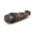 Chocolate-colored realistic textured vibrating dildo with twist dial control base on white background.