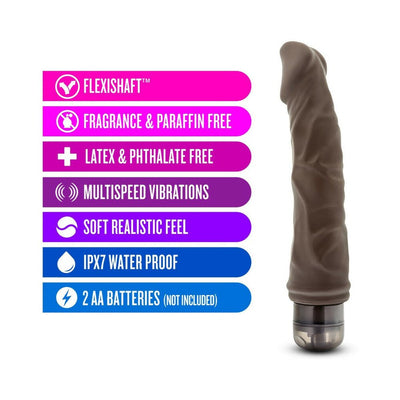 Chocolate-colored realistic textured vibrator with twist dial base and feature icons highlighting waterproof, multispeed vibrations, and safe materials.