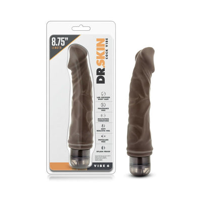Chocolate-colored realistic textured vibrator with twist dial base shown in and out of packaging.