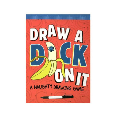 Cover of Draw a Dick On It activity book with a peeled banana illustration and playful text on a red background with banana patterns.