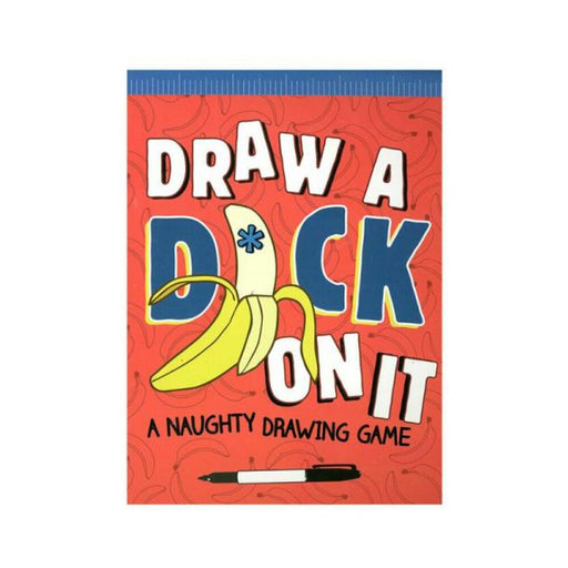 Cover of Draw a Dick On It activity book with a peeled banana illustration and playful text on a red background with banana patterns.