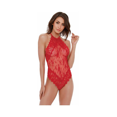Dreamgirl Eyelash Lace Halter Teddy With High Tie-Neck Closure & Snap Crotch - SexToy.com
