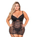 Plus size model wearing black fishnet and faux leather garter slip with lace-up front and adjustable straps against white background.